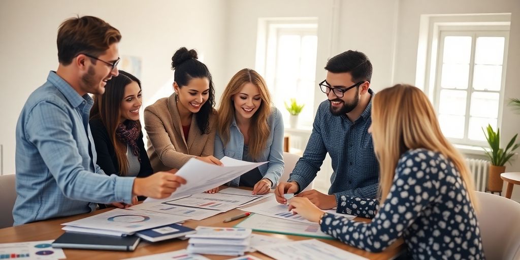 Diverse team discussing innovative financial strategies around a table.