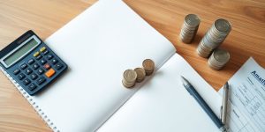 Calculator, coins, and notebook for financial planning.