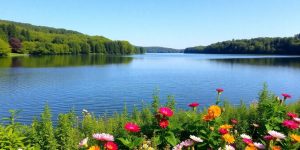 Lush garden and calm lake symbolizing financial stability.