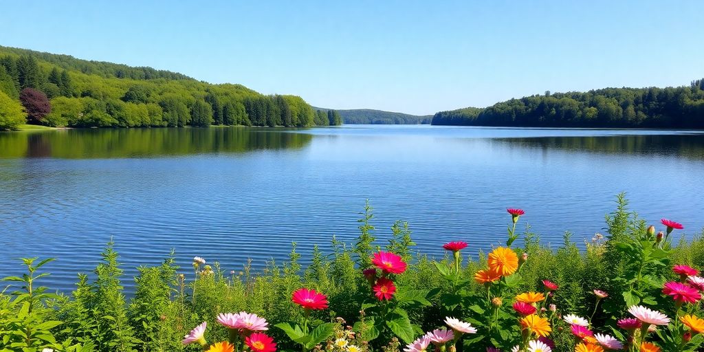 Lush garden and calm lake symbolizing financial stability.